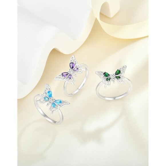 🆕 Women Green Big Butterfly Statement Ring Solid Sterling Birthstone Jewelry - Picture 3 of 7